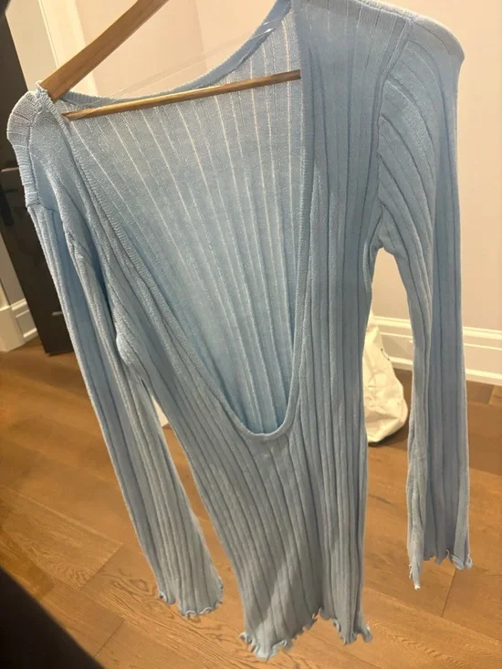 Blue Open-Back Ribbed Long-Sleeve Mini Dress - Picture 6 of 7